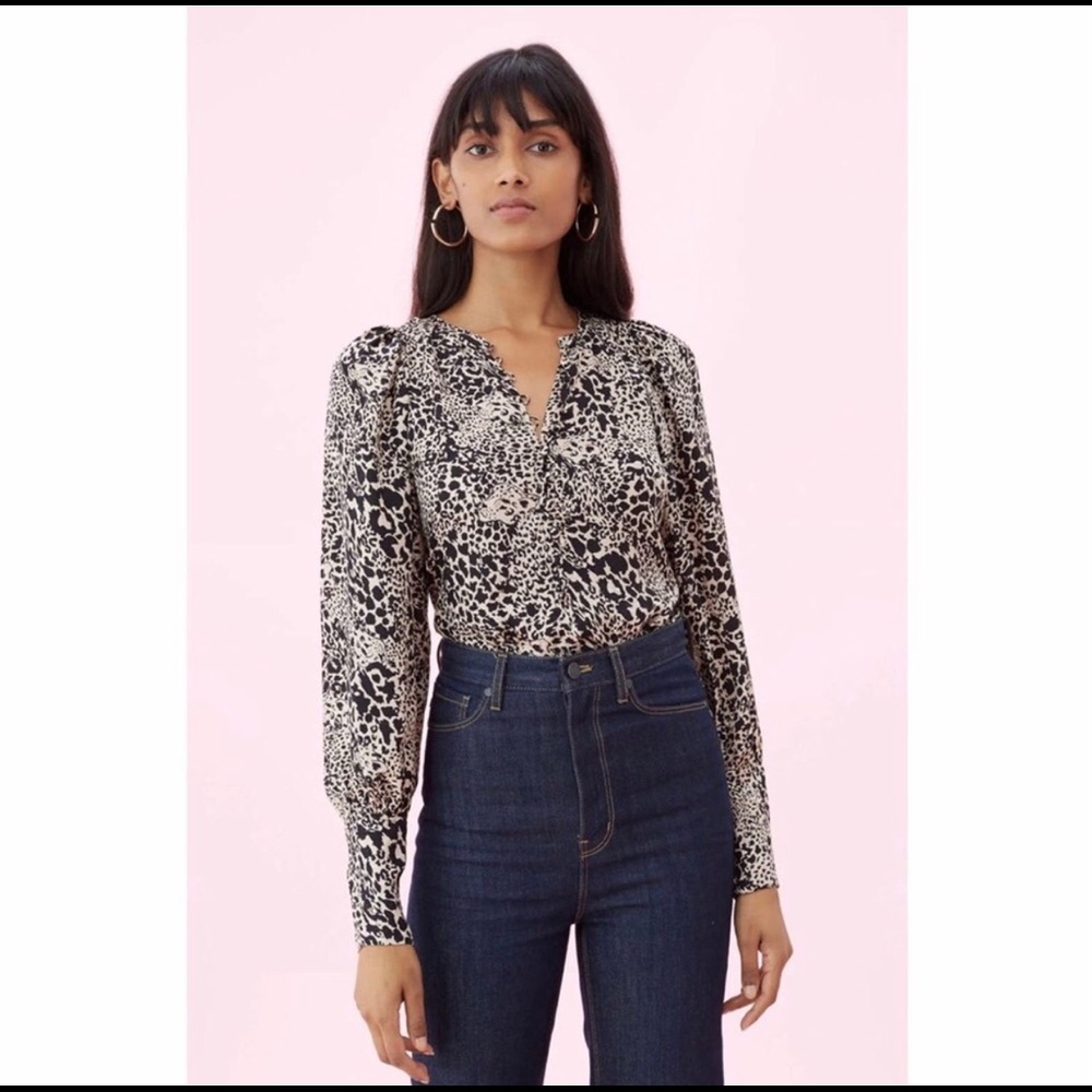 Rebecca Taylor Silk Hidden Leopard Print Button Front Long Puff Sleeve Blouse